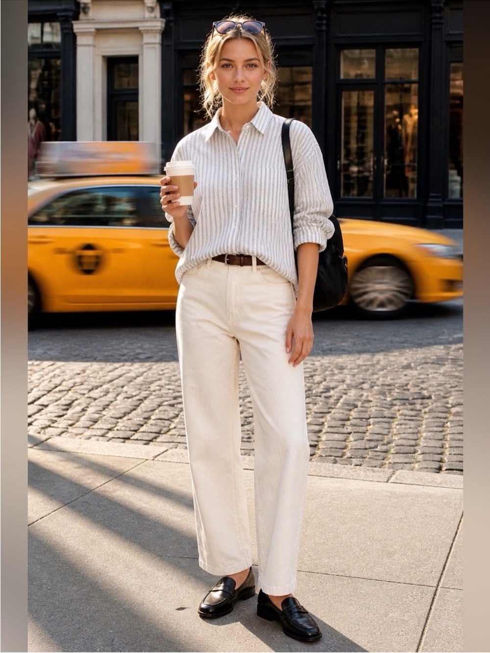 Banana Republic Linen White Shirt with Blue Vertical Stripes Button Down